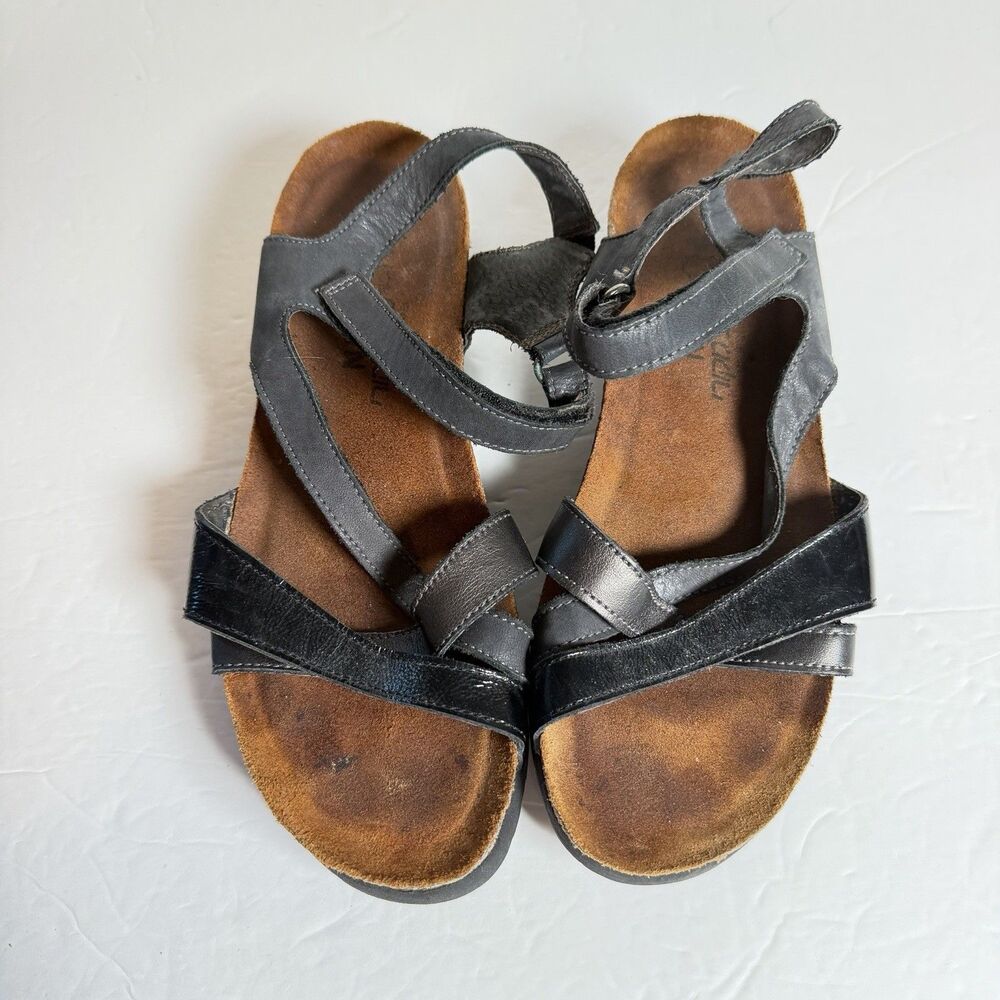 Naot Black Leather Patent Comfort Sandals Hook Loop Cork Footbed Womens 38